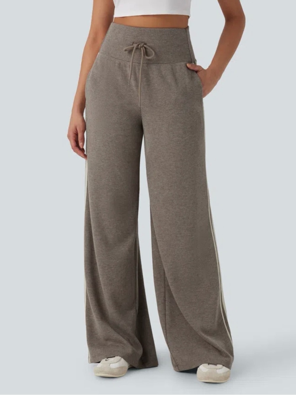 Halara Ribbed High-Waisted Wide-Leg Drawstring Pants NWOT - Picture 2 of 11